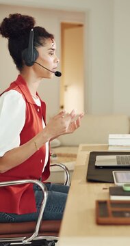 Call center, laptop or woman in home office with headset, contact us or investment advice in remote work. WFH, tech or finance consultant with mic, online banking or crm service in loan support.
