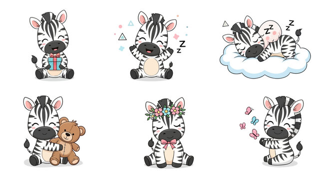 Cute baby zebra character collection in various poses, nursery illustration for kids