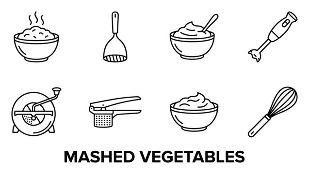 Mashed vegetables tools set outline icons potato masher immersion blender whisk.