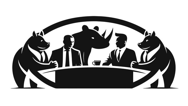 Business meeting with bears and rhinoceros in a modern office setting symbolizing market volatility and corporate strategy