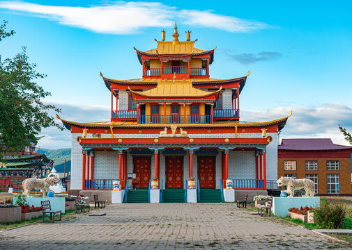Scenic view of Buddhist temple on the territory of Ivolginsky Datsan, Buryatia, Russia.