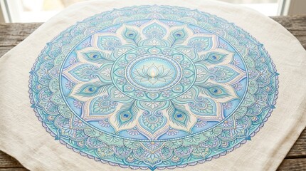 Fototapeta premium beautiful circular mandala with intricate peacock feather and lotus flower motifs in calming shades of blue and teal, symbolizing spiritual harmony and balance, decorative artwork on linen fabric.