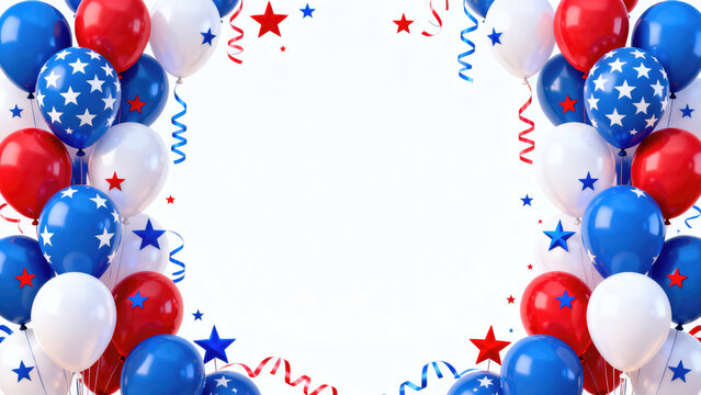 Independence day celebration background with red white and blue balloons on 4th of july