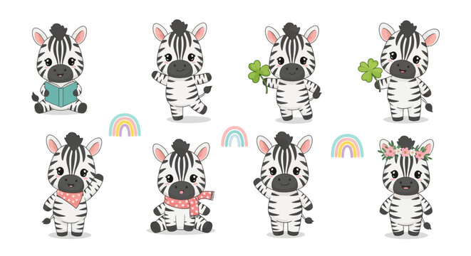Cute zebras in various poses with accessories