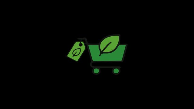 A green shopping cart with a leaf and tag is on wheels