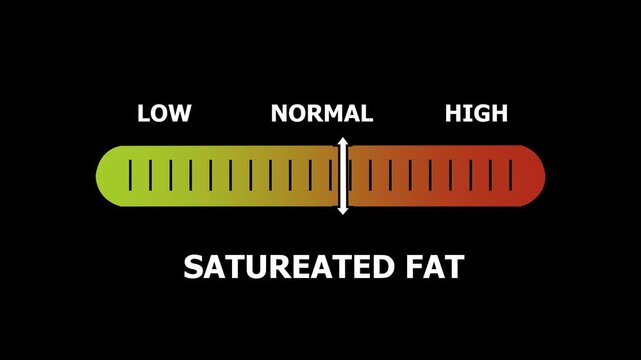 satureated fat level indicator scale. Low normal & high meter infographic animation. Showing high atureated fat level color gauge indicator. on a black background 4k animation video