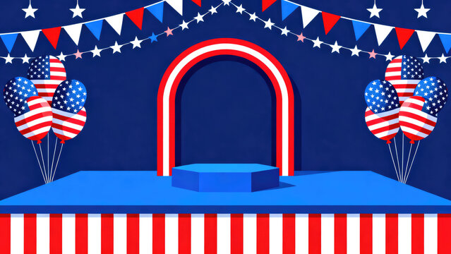 Vibrant 4th of july celebration scene with patriotic rainbow and balloons