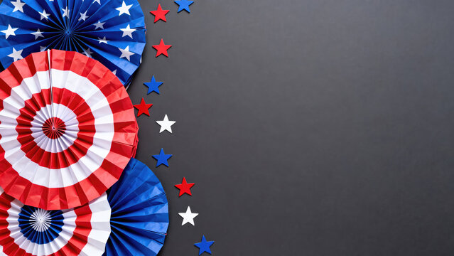 Vibrant 4th of july celebration background with patriotic paper fans and stars