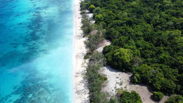 Aerial view of coastal landscape on uninhabited tropical Jaco Island in Timor-Leste with turquoise ocean water