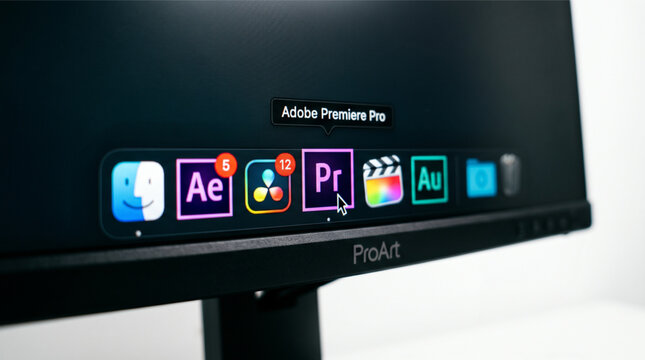 Adobe Premiere Pro application icon selected with a mouse cursor on a professional ASUS ProArt monitor, alongside After Effects, DaVinci Resolve, and Audition in a macOS style desktop dock layout.
