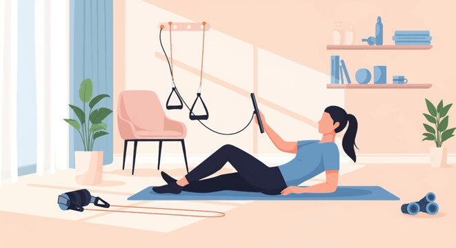 Flat vector illustration of a female character practicing physical therapy on a blue mat at home using a digital tablet for guided AI-assisted rehabilitation and resistance equipment.