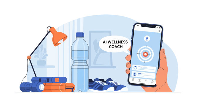 Vector illustration of hand holding smartphone with AI wellness coach app, featuring hydration tracking, sneakers, water bottle, dumbbells, yoga mat, and desk lamp on white background.