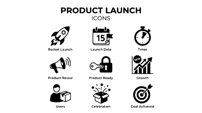 Business icons illustrate product launch lifecycle stages and processes.