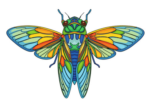 Vibrant stained glass style illustration of a colorful cicada insect.