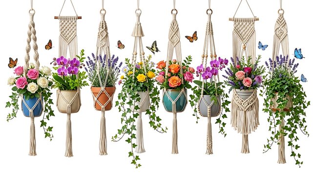 Collection of seven unique macrame hanging planters filled with beautiful flowers and plants