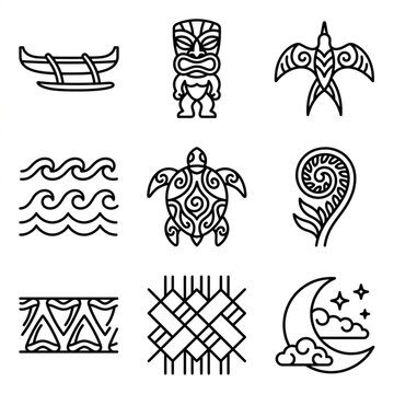 Collection of Polynesian cultural icons and symbols.