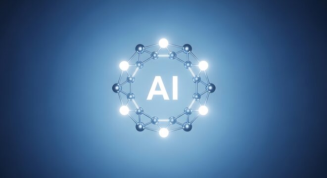 Artificial intelligence AI logo icon, glowing neural network on blue background, digital brain technology concept for machine learning and data science