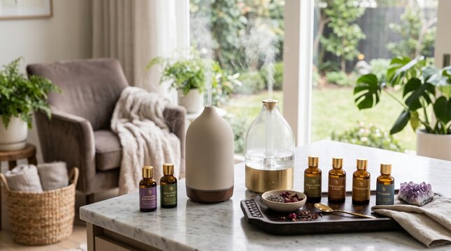 Essential oil diffusers emitting cool mist on marble countertop with collection of aromatherapy oils and amethyst crystal in bright modern living room interior overlooking lush garden green plants.