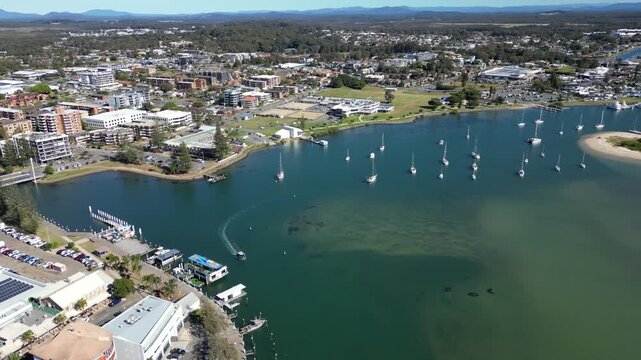Aerial view Port Macquarie Victoria Australia. Marina with boats and yachts in the city landscape on the shore of the southern ocean, travel and tourism.