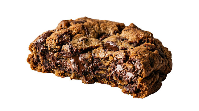 Chocolate brownie square presents a dense and chewy consistency with rich fudge layers and semi-sweet chips arranged neatly on a solid white surface.