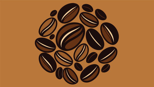 Dark roasted coffee beans arranged in a circle on a warm brown background with subtle light and shadow detail