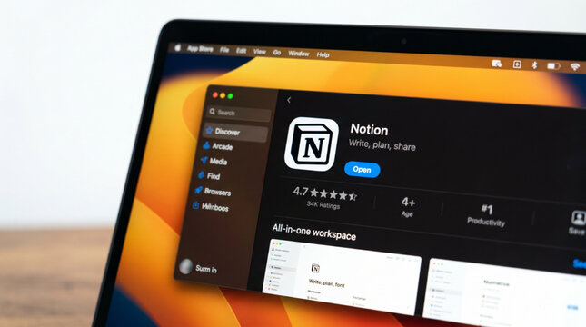 Notion application page on the Mac App Store displayed on a modern laptop screen, featuring productivity tools for writing and planning, highlighting digital workspace and organizational software