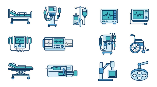Medical Equipment Icons Set: Hospital Bed, Monitor, IV Drip, Wheelchair, Syringe