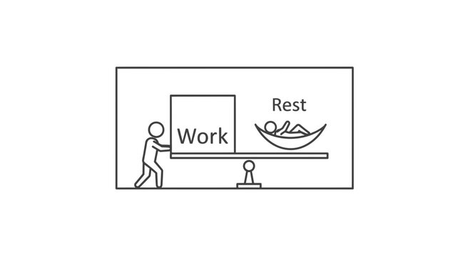 Work-life balance concept: person pushing work, person resting on seesaw