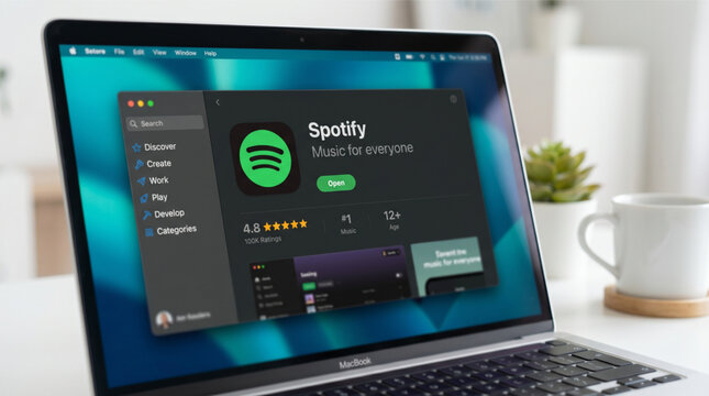 Spotify music streaming app interface displayed on a modern MacBook Pro laptop screen, showcasing the official application store page with user ratings, rankings, and digital audio playback features.