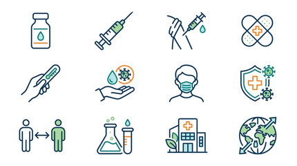 Fototapeta premium Medical Icons Set: Vaccination, Virus Protection, Healthcare, and Social Distancing