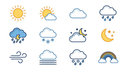 Obraz premium Weather Icons Set: Sun, Clouds, Rain, Snow, Storm, Wind, Moon, Rainbow