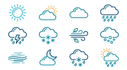 Obraz premium Weather Icons Set: Sun, Clouds, Rain, Snow, Storm, Wind, Fog