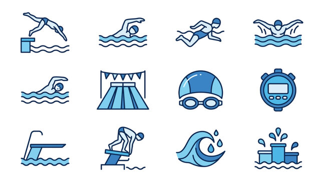 Swimming Icons Set: Divers, Swimmers, Stopwatch, Pool, Waves, Podium