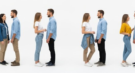 Obraz premium Group of Young Diverse Couples Standing and Talking Together Isolated on White Background for Social Interaction Concept