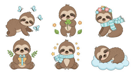 Fototapeta premium Cute Cartoon Sloth Character Set with Various Poses and Accessories