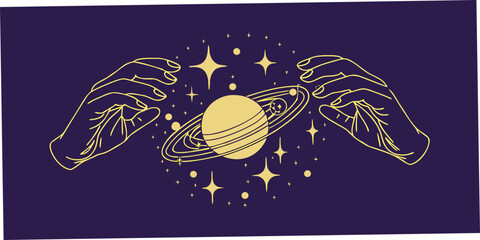 Hands holding planet with rings gold line drawing on purple © Delip
