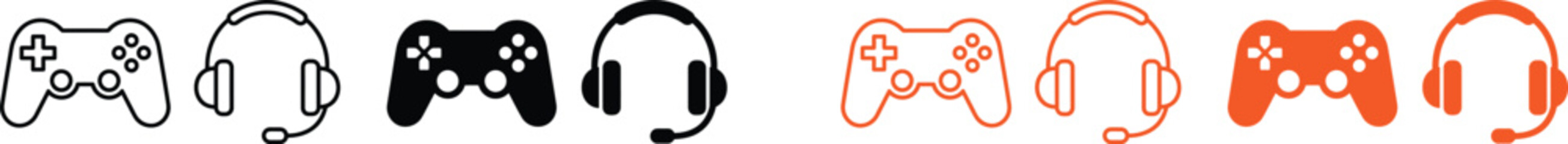 Minimalist gaming icons of controllers and headsets in black and orange © @rayan_rahaman
