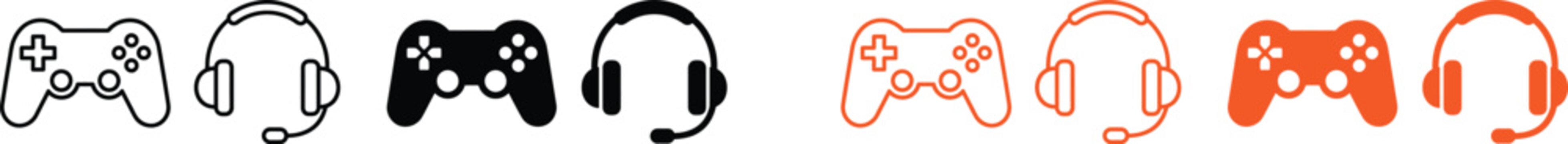 Minimalist gaming icons of controllers and headsets in black and orange