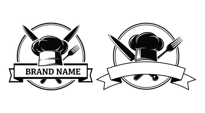 Culinary crest with chef s hat knives and fork black and white vector illustration