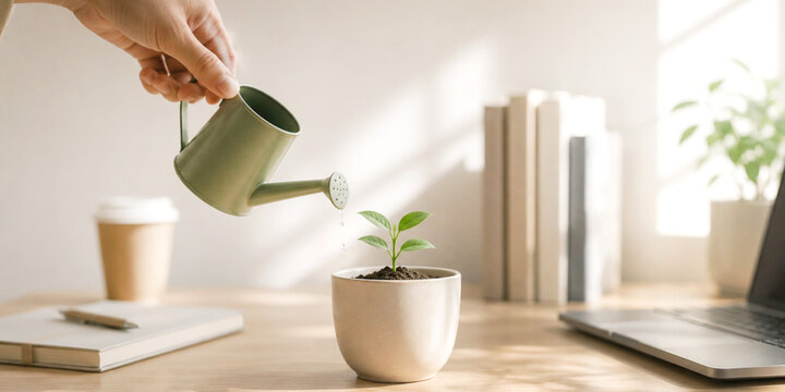 Employee Growth and Workplace Support With hands watering the seedlings on the desk
