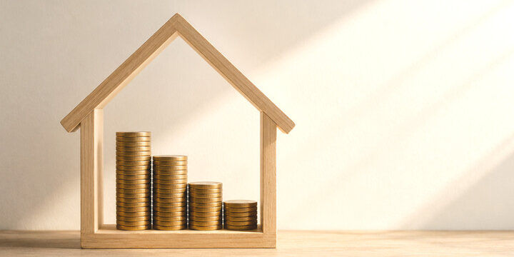 Investing in real estate and asset growth with coins inside a house shaped wooden frame