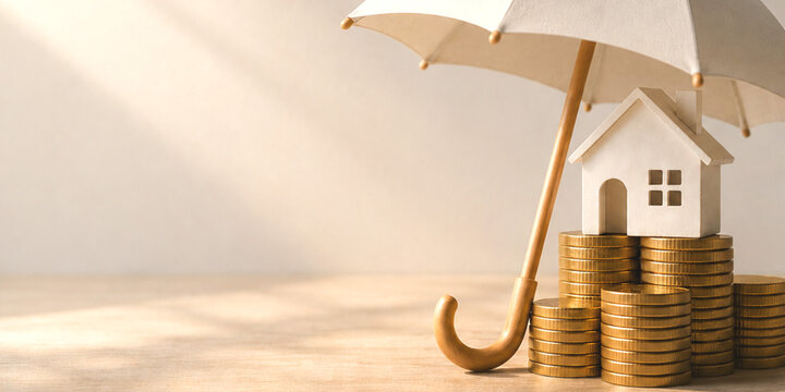 Home Insurance and Property Protection Concept with a toy house covered by a pile of coins