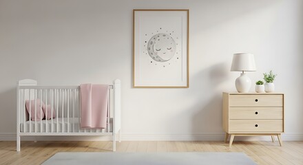 Fototapeta premium A wooden frame with a moon hanging on a white wall above a baby crib and a wooden dresser in a nursery room interior