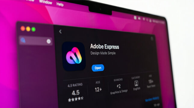 Adobe Express design software application interface displayed on a modern laptop screen, highlighting creative productivity tools for digital design, graphic art and professional marketing content