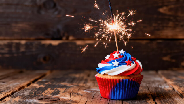 4th of July party cupcake with vibrant patriotic colors and a bright sparkler, isolated on a wooden tabletop with copy space.