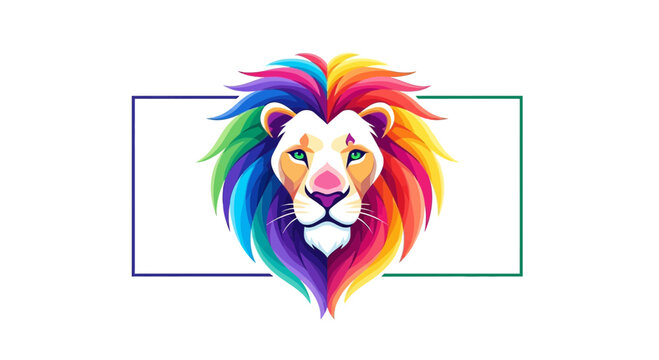 Vibrant Rainbow Lion Head with Colorful Mane and Geometric Frame