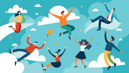 Obraz premium Diverse people jumping joyfully in clouds during a bright sunny day representing freedom and success with a vibrant artistic style