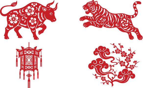 Traditional red Chinese New Year paper cut vector set with zodiac ox tiger lantern and auspicious clouds isolated on white