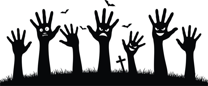 Creepy zombie hand silhouettes emerging from graveyard vector illustration Halloween design
