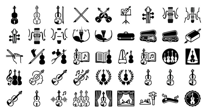 Violin and cello icon set, 45 black and white musical instrument symbols, classical orchestra equipment vector illustrations for symphony branding